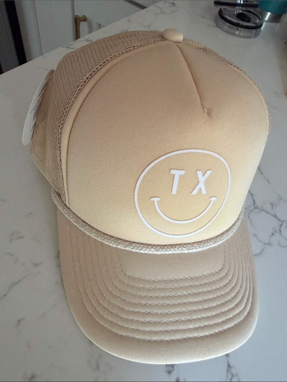 Smiley Rope-Trim Trucker Hat in Beige